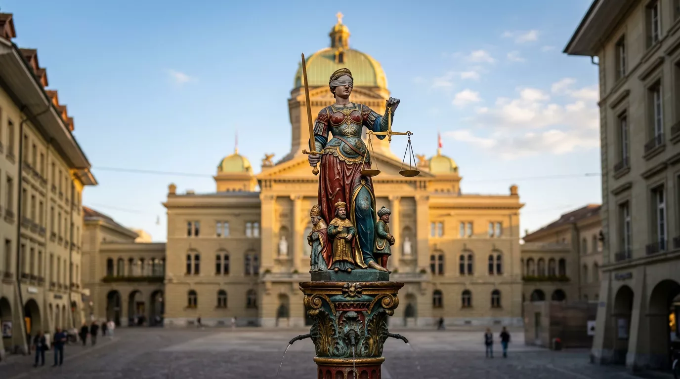 Schweizer Justitia-Statue mit Bundeshaus im Hintergrund als Symbol für das Bundesgesetz über Geldspiele