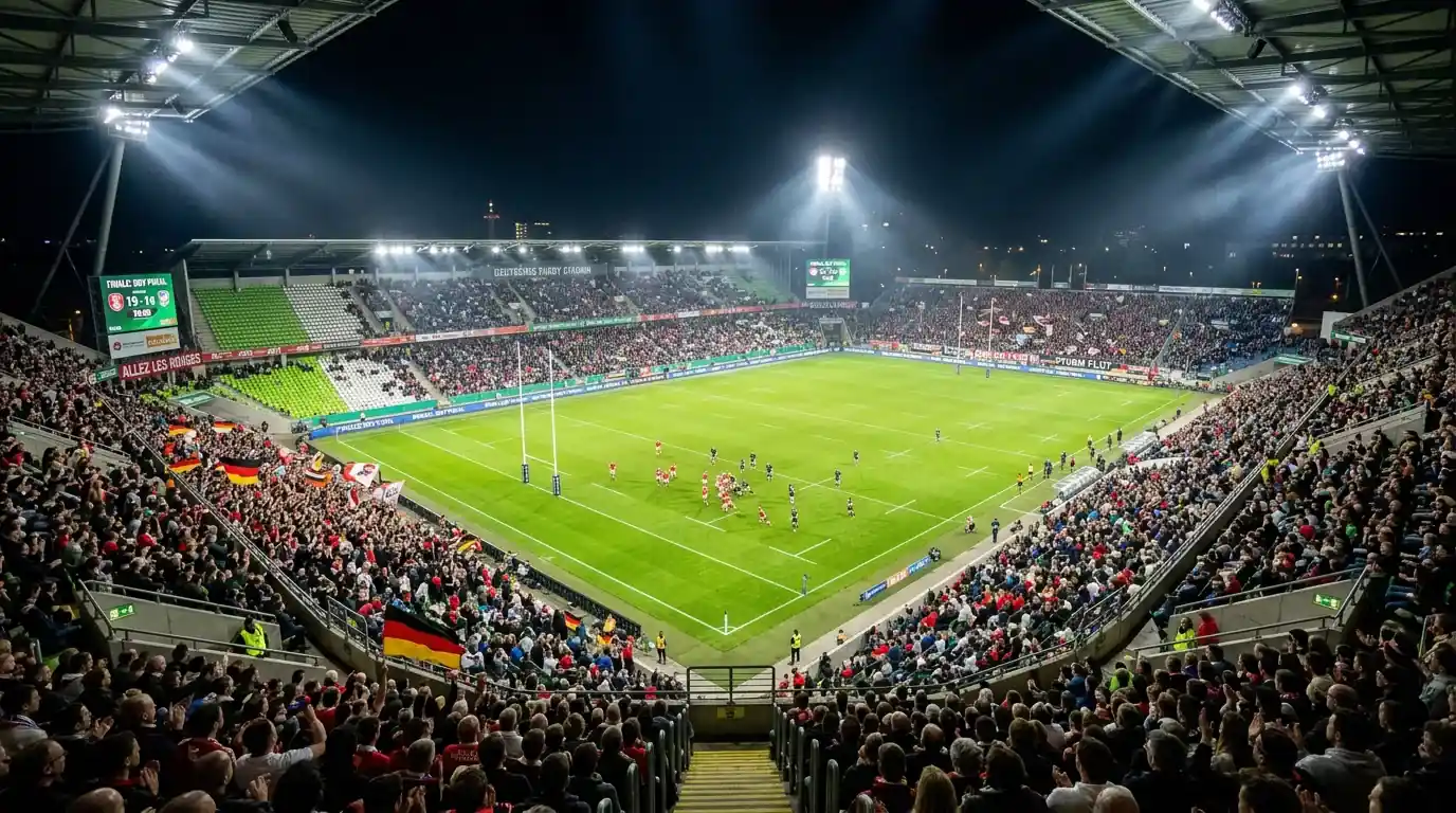 NRL Grand Final mit voll besetztem Stadion und Spielern in Aktion bei Flutlicht